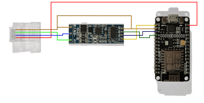 Wiring diagram showing RS485 connection through adapter to ESP8266
